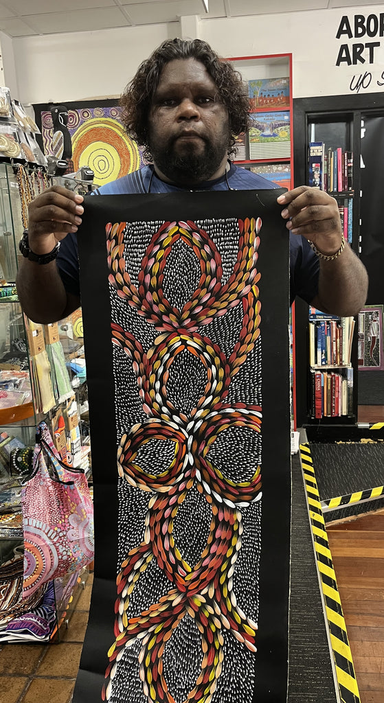 #69 Bush Medicine Leaves & Seeds (Sunset)  - Scott Duggie Aboriginal Art: 30cm x 93cm