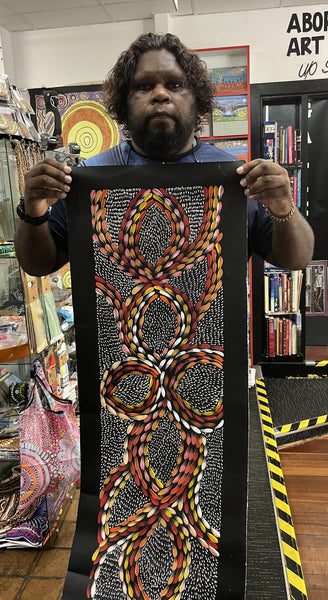 #69 Bush Medicine Leaves & Seeds (Sunset)  - Scott Duggie Aboriginal Art: 30cm x 93cm