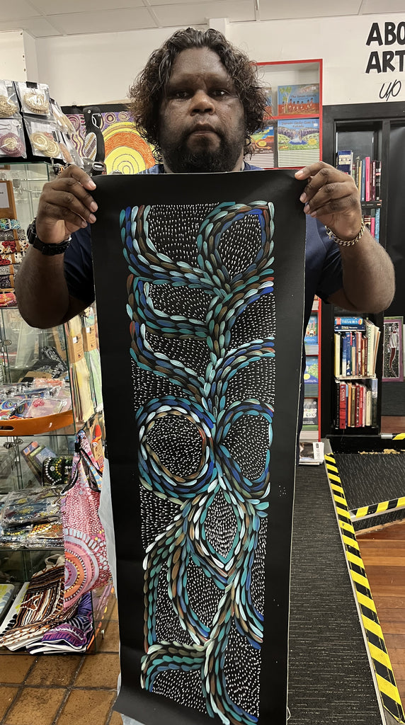 #98 Bush Medicine Leaves & Seeds (Blues)  - Scott Duggie Aboriginal Art: 30cm x 93cm