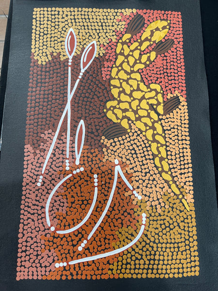 #276 Men Hunting Kangaroo & Emu at the Waterhole (Earth) - BEVAN CLANCY TJAMPITJIMPA 24x42cm