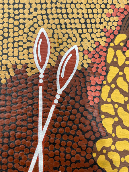 #276 Men Hunting Kangaroo & Emu at the Waterhole (Earth) - BEVAN CLANCY TJAMPITJIMPA 24x42cm