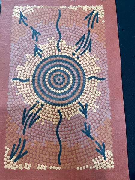 #380 Kangaroo & Emu at Waterhole - BEVAN CLANCY TJAMPITJIMPA 25x41cm