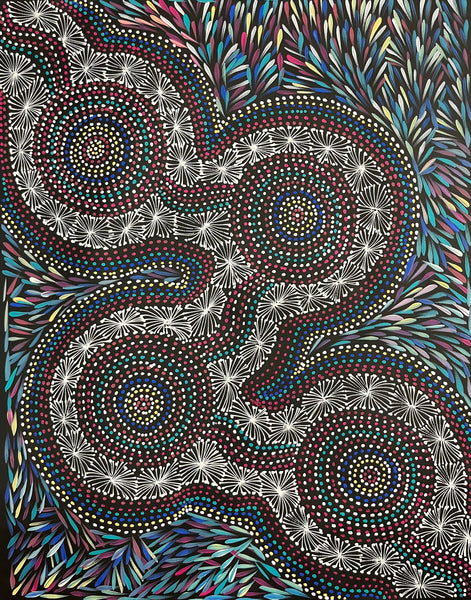 #312 Bush Medicine Leaves & Waterholes (Multi) - SELINA NUMINA : Aboriginal Art: 75cm x 95cm