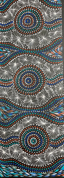 #34 Waterholes & Bush Leaves (Multi) - SELINA NUMINA : Aboriginal Art: 32xm x 93cm