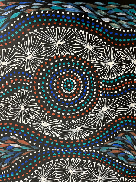 #34 Waterholes & Bush Leaves (Multi) - SELINA NUMINA : Aboriginal Art: 32xm x 93cm