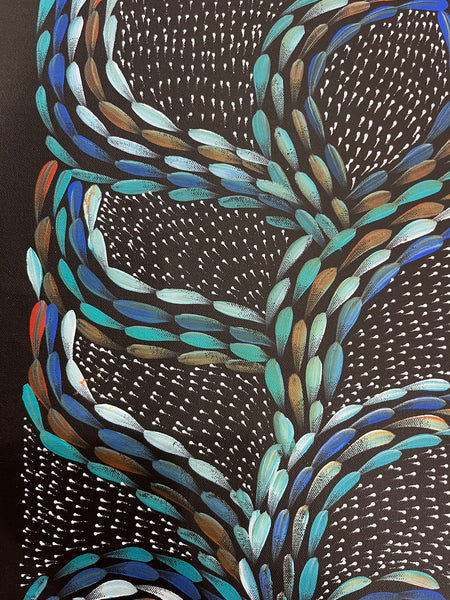 #98 Bush Medicine Leaves & Seeds (Blues)  - Scott Duggie Aboriginal Art: 30cm x 93cm