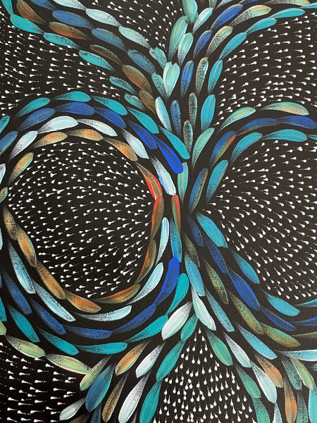 #98 Bush Medicine Leaves & Seeds (Blues)  - Scott Duggie Aboriginal Art: 30cm x 93cm