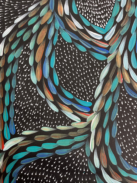 #98 Bush Medicine Leaves & Seeds (Blues)  - Scott Duggie Aboriginal Art: 30cm x 93cm