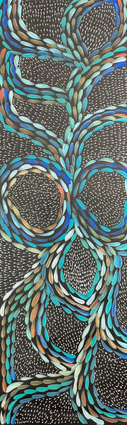 #98 Bush Medicine Leaves & Seeds (Blues)  - Scott Duggie Aboriginal Art: 30cm x 93cm