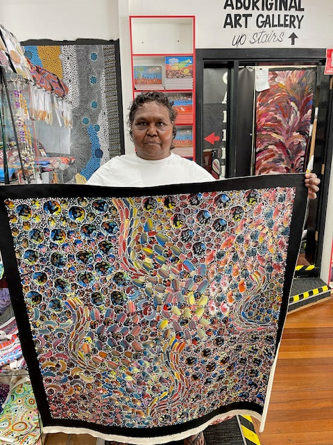 #261 Bush Yam Dreaming (Multi)- RACHAEL NAMBULA: Aboriginal Art 96x96cm