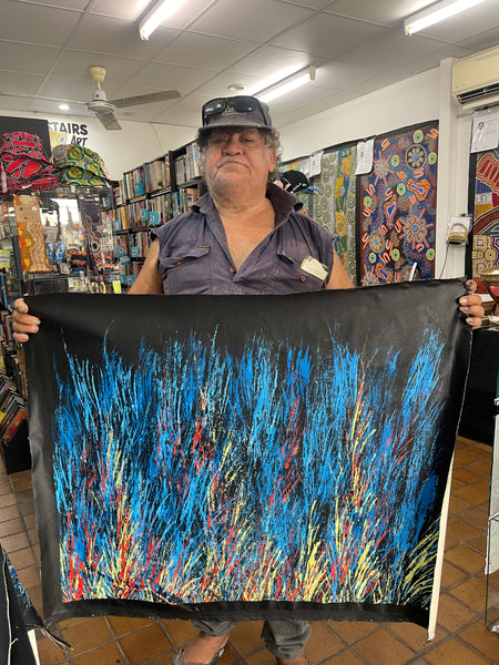 #149 Bush Fire Dreaming (Blue) - REGGIE SULTAN : Desert Art : 72x93cm