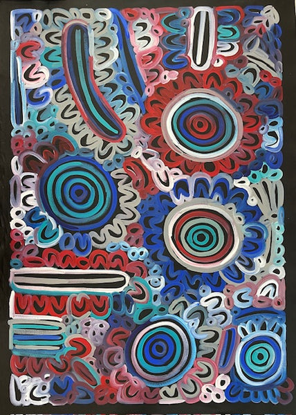 #150 Women's Body Design - Ceremony (Blue/Reds) LOUISE NUMINA : Aboriginal Art: 95x137cm