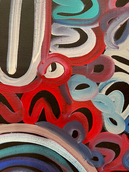 #150 Women's Body Design - Ceremony (Blue/Reds) LOUISE NUMINA : Aboriginal Art: 95x137cm