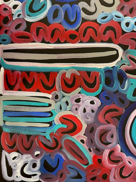 #150 Women's Body Design - Ceremony (Blue/Reds) LOUISE NUMINA : Aboriginal Art: 95x137cm