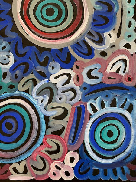 #150 Women's Body Design - Ceremony (Blue/Reds) LOUISE NUMINA : Aboriginal Art: 95x137cm