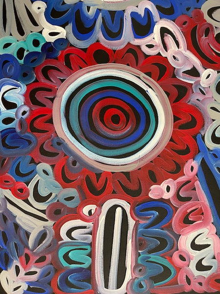 #150 Women's Body Design - Ceremony (Blue/Reds) LOUISE NUMINA : Aboriginal Art: 95x137cm