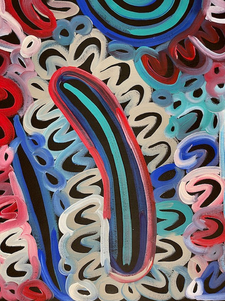 #150 Women's Body Design - Ceremony (Blue/Reds) LOUISE NUMINA : Aboriginal Art: 95x137cm