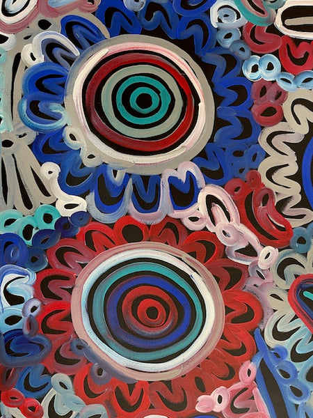 #150 Women's Body Design - Ceremony (Blue/Reds) LOUISE NUMINA : Aboriginal Art: 95x137cm