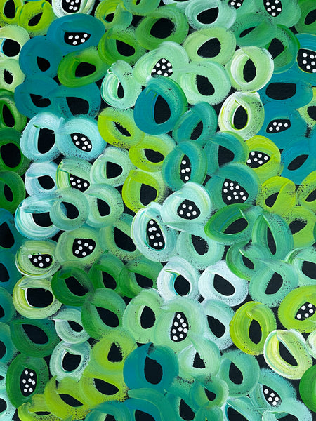 #124 Seeded Bush Melons (Greens) - LOUISE NUMINA : Aboriginal Art: 94x149cm