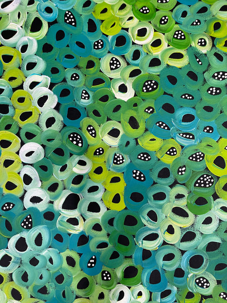 #124 Seeded Bush Melons (Greens) - LOUISE NUMINA : Aboriginal Art: 94x149cm