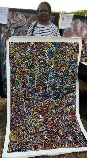 #338 Bush Medicine Leaves (Multi) - CAROLINE NUMINA : Aboriginal Art: 91cm x 150cm