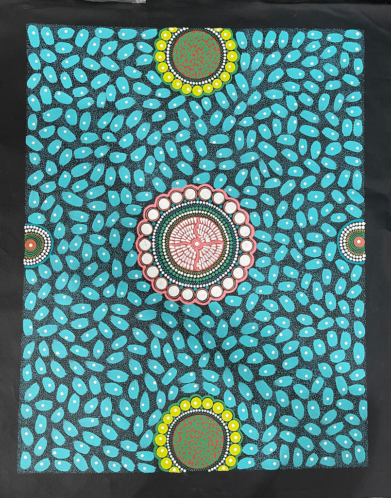 #221 ALIARA BIRD After the Rain (Aqua/Teal) : Aboriginal Art: 52x67cm