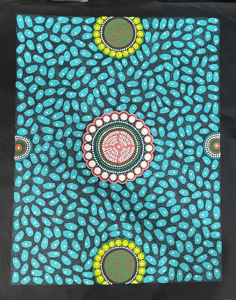 #221 ALIARA BIRD After the Rain (Aqua/Teal) : Aboriginal Art: 52x67cm