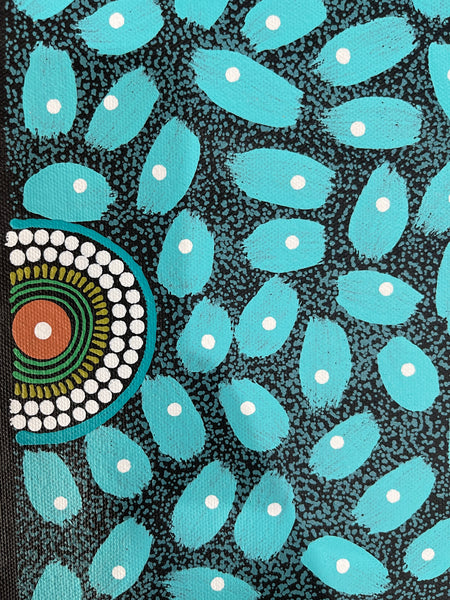 #221 ALIARA BIRD After the Rain (Aqua/Teal) : Aboriginal Art: 52x67cm