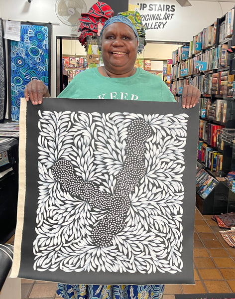 #304 Bush Medicine Leaves & Seeds (Whites) - LOUISE NUMINA : Aboriginal Art: 62x64cm