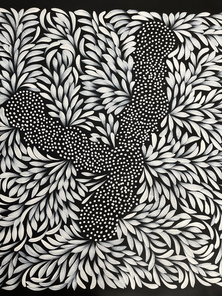 #304 Bush Medicine Leaves & Seeds (Whites) - LOUISE NUMINA : Aboriginal Art: 62x64cm