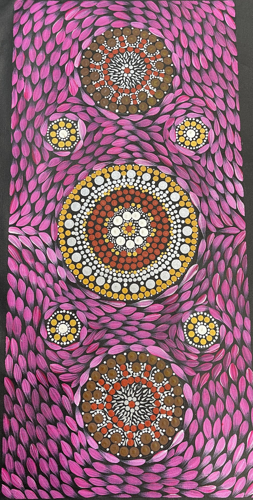 #216 - Bush Medicine Dreaming (Pinks) - ARTIST: MARYANNE GIBSON 42x90cm