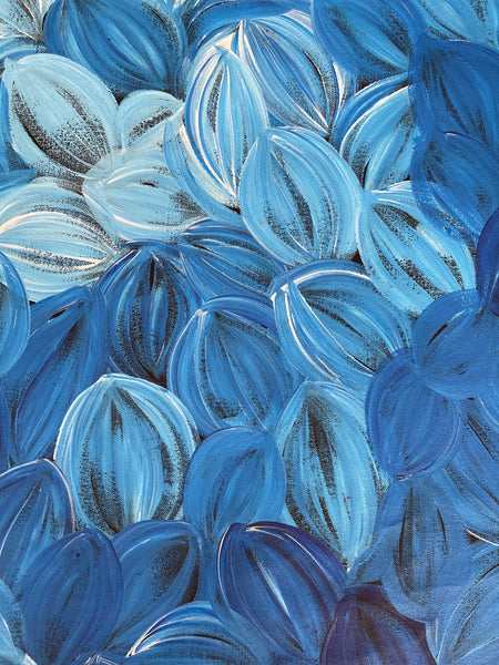 #323 Bush Medicine Leaves (Dark Blue) - JACINDA HAYES: Aboriginal Art: 127x73cm