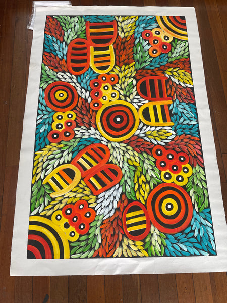 #222 Women's Body Design with Bush Medicine leaves & yams (Multi) - JACINTA NUMINA : Aboriginal Art: 91x144cm