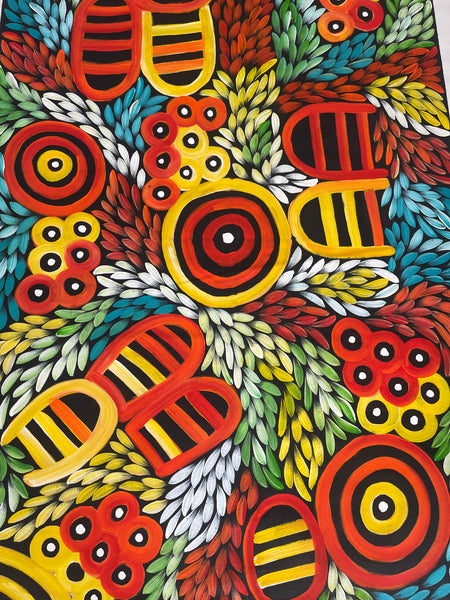 #222 Women's Body Design with Bush Medicine leaves & yams (Multi) - JACINTA NUMINA : Aboriginal Art: 91x144cm