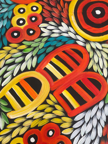 #222 Women's Body Design with Bush Medicine leaves & yams (Multi) - JACINTA NUMINA : Aboriginal Art: 91x144cm