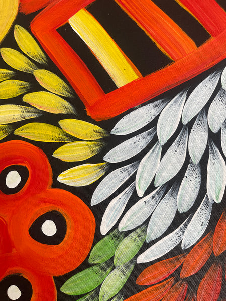 #222 Women's Body Design with Bush Medicine leaves & yams (Multi) - JACINTA NUMINA : Aboriginal Art: 91x144cm