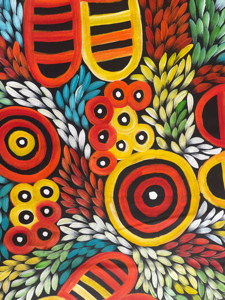 #222 Women's Body Design with Bush Medicine leaves & yams (Multi) - JACINTA NUMINA : Aboriginal Art: 91x144cm