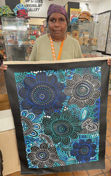 #79 Women Collecting Bush Leaves (Blues)- SELINA NUMINA : Aboriginal Art: 91cm x 80cm