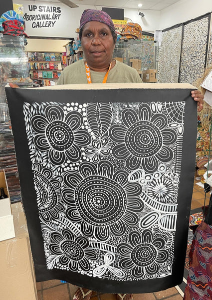 #192 Women Collecting Bush Leaves (White)- SELINA NUMINA : Aboriginal Art: 69cm x 90cm