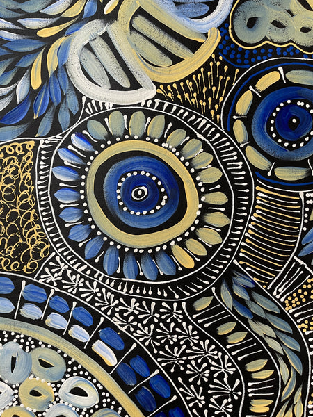 #173 My Dreamtime Stories (Blue/Yellow)- LOUISE NUMINA : Aboriginal Art: 134x96cm