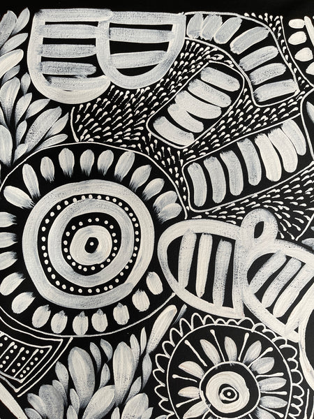 #373 My Dreamtime Stories (Whites)- LOUISE NUMINA : Aboriginal Art: 98x113cm