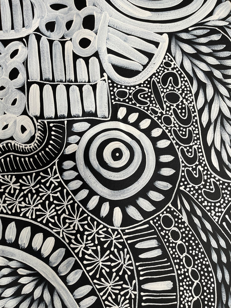 #373 My Dreamtime Stories (Whites)- LOUISE NUMINA : Aboriginal Art: 98x113cm