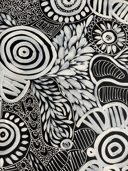 #373 My Dreamtime Stories (Whites)- LOUISE NUMINA : Aboriginal Art: 98x113cm