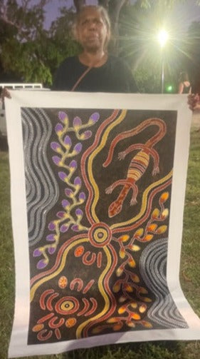 #179 Collecting Bush Food and Goanna - JACINTA NUMINA : Aboriginal Art: 86x145cm