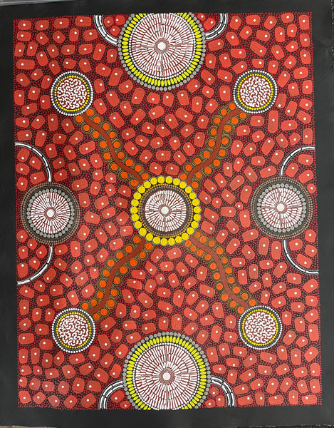 #187 ALIARA BIRD "After the Rain" (Reds) : Aboriginal Art: 74x95cm