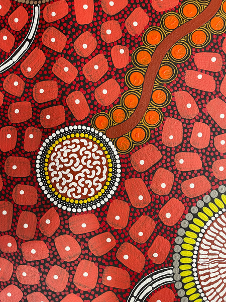 #187 ALIARA BIRD "After the Rain" (Reds) : Aboriginal Art: 74x95cm