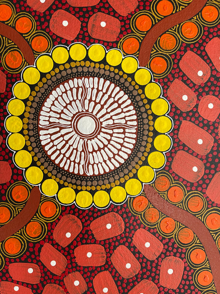 #187 ALIARA BIRD "After the Rain" (Reds) : Aboriginal Art: 74x95cm