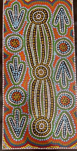 #385 Emu Dreaming - Katrina Napaljarri Spencer: ABORIGINAL ART: 69cm x 34cm