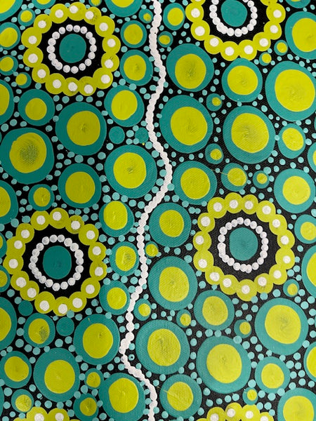 #322 Sacred Water (Blues/Lime) - TREPHINA SULTAN THANGUWA : 150cm x 100cm