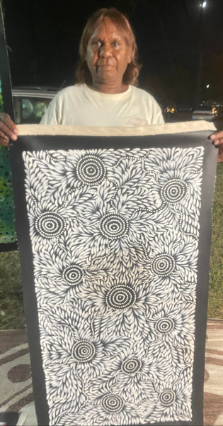 #296 Bush Medicine Leaves & Waterholes (Black/White) - CAROLINE NUMINA : Aboriginal Art: 51x97cm